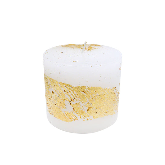 Vela Cilíndrica Branca Folha de Ouro 8x7cm